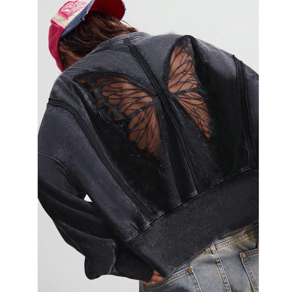 Cotton Black Butterfly Mesh Sheer Back Insert Sweatshirt